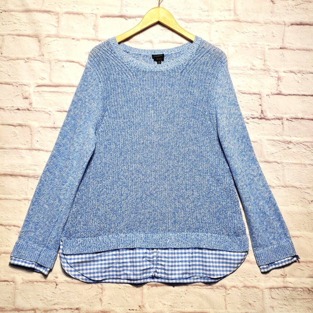 Talbots Sweater Women XL Blue Pima Cotton Gingham Layered Look Coastal‎ Preppy